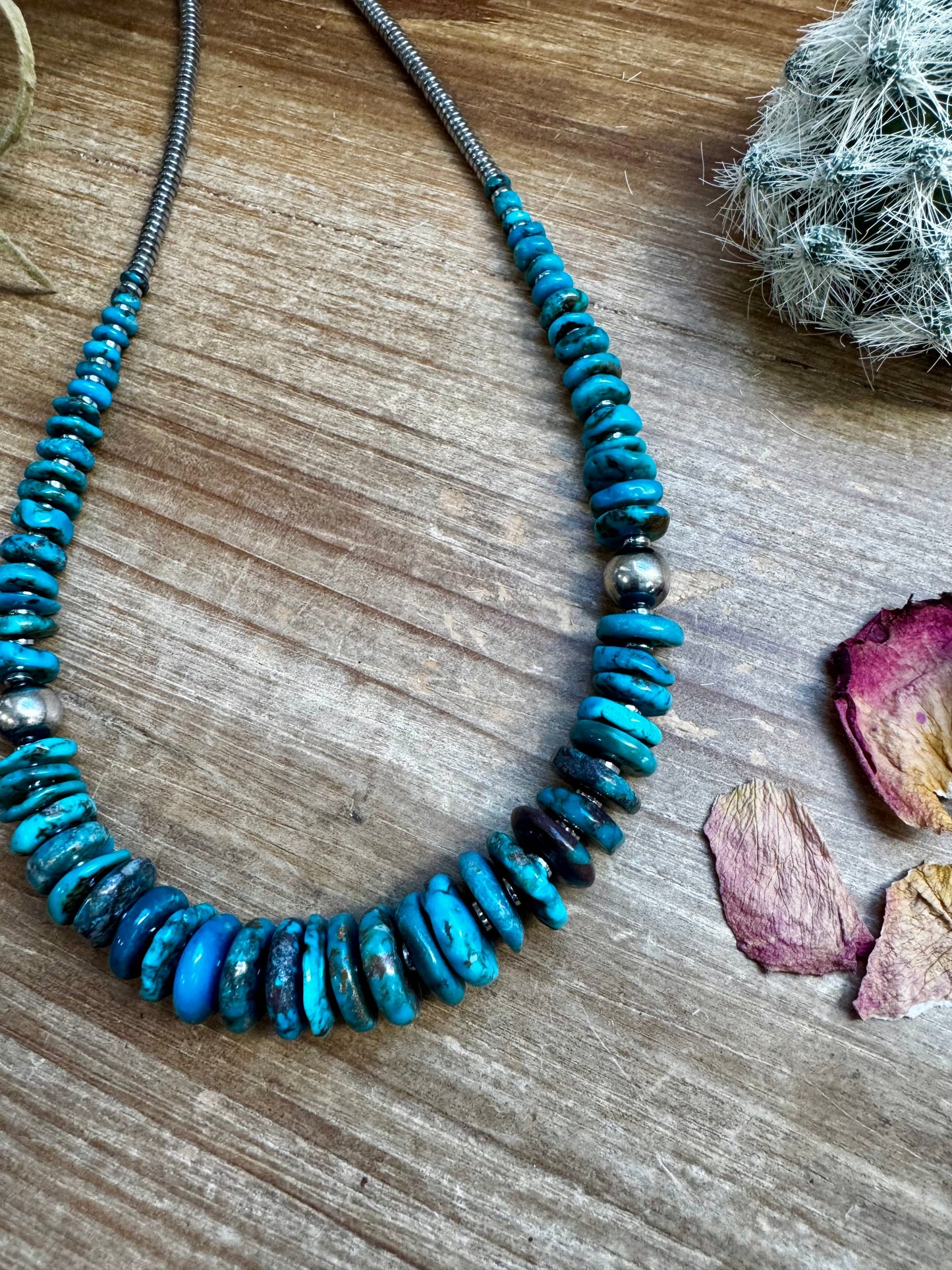 Dark Blue Graduated Turquoise Necklace with Sterling Silver Pearls