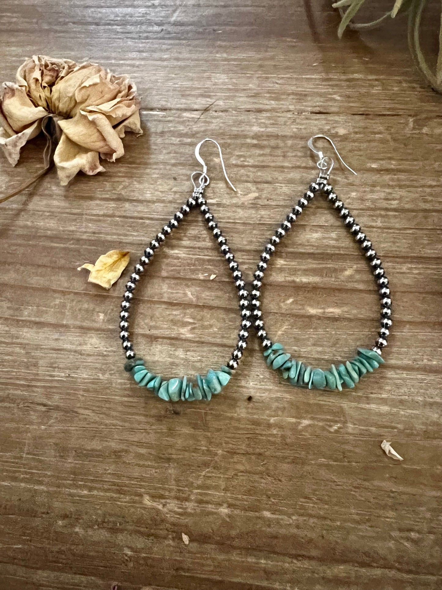 Sterling Silver Pearls Earrings with Turquoise Chips