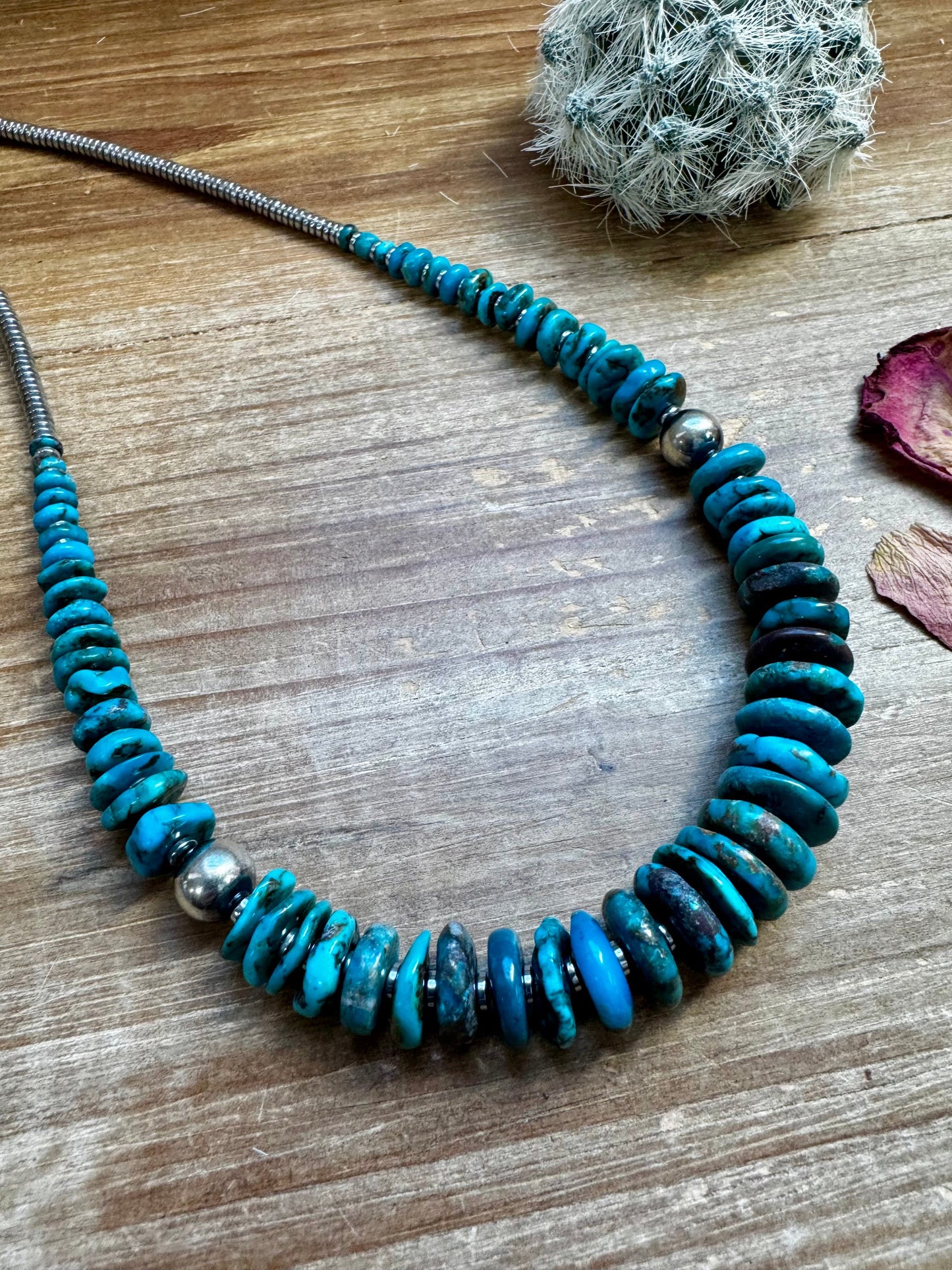 Dark Blue Graduated Turquoise Necklace with Sterling Silver Pearls