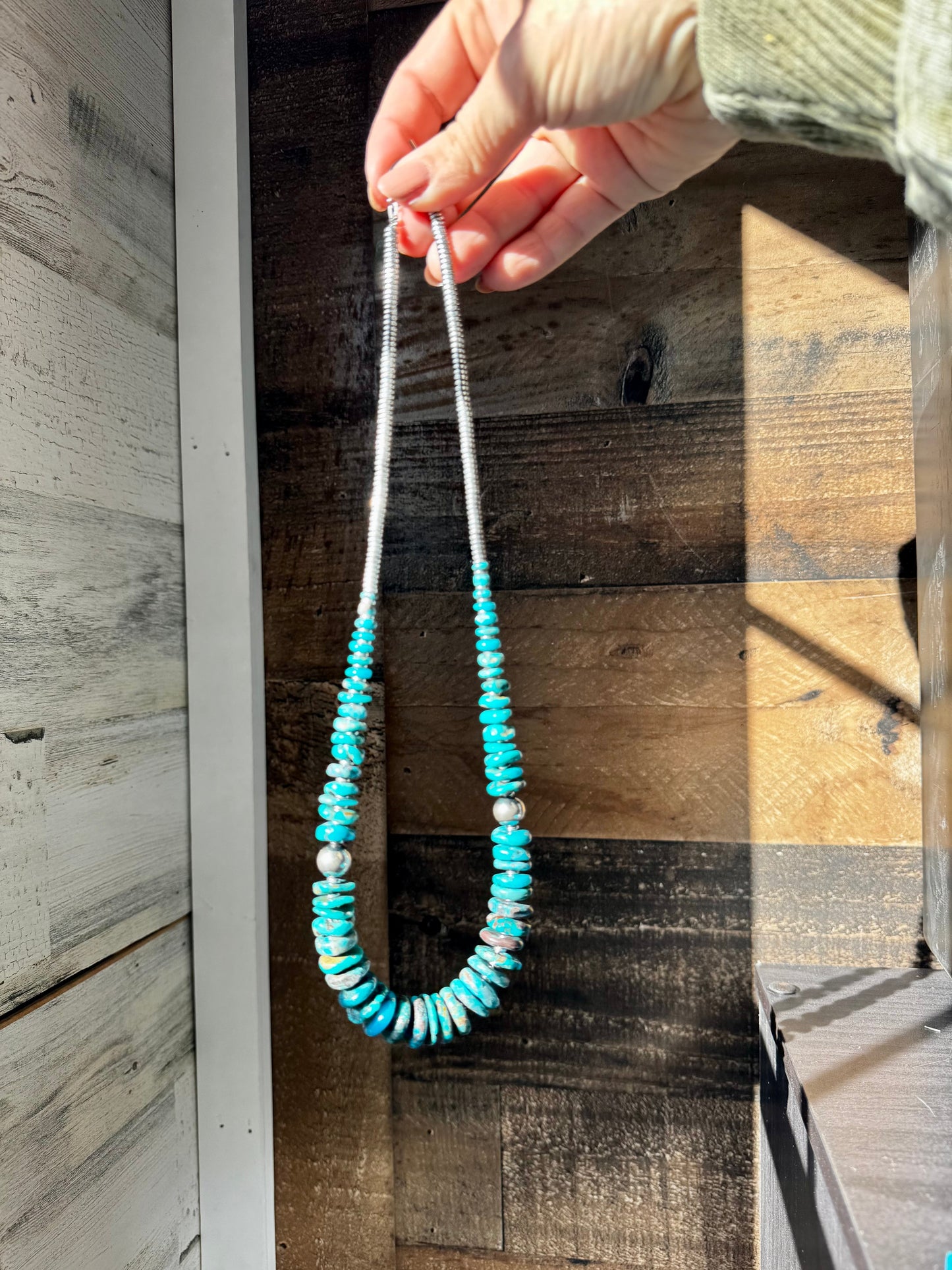 Dark Blue Graduated Turquoise Necklace with Sterling Silver Pearls